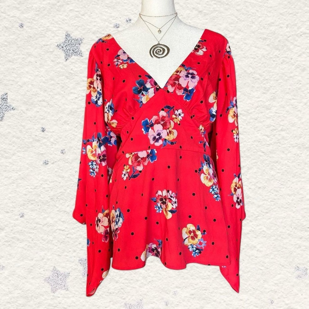 Red floral & polka dot v-neck top Wayward Fancies eShakti